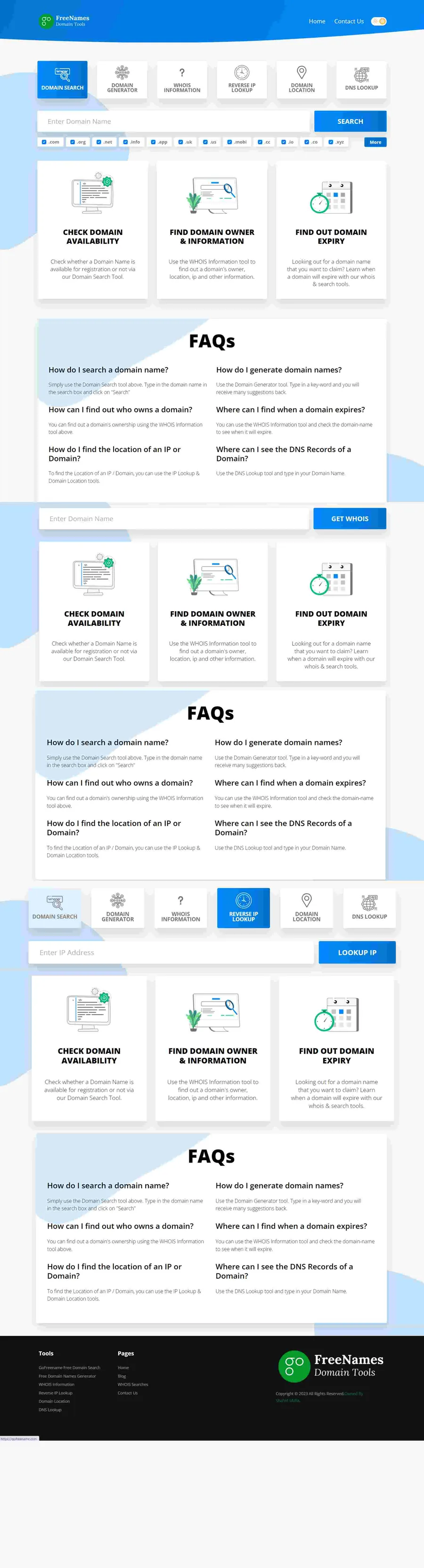 Free Names domain WHOIS lookup website built by ElySpace, with a domain search bar and availability results